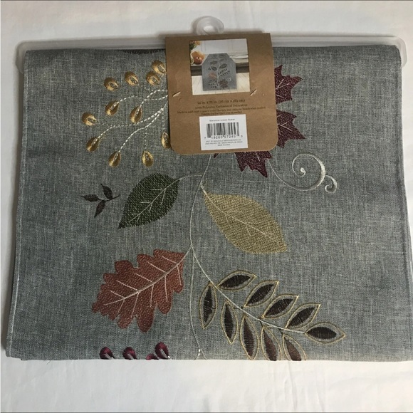 Long Fall Oak Maple Elm Leaves Autumn Embroidered Table Runner Woven 14x72 NWT - Picture 6 of 8